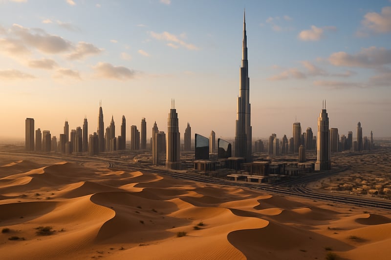 A breathtaking panoramic view of Dubai's skyline with the Burj Khalifa and desert landscape. A breathtaking panoramic view of Dubai's skyline with the Burj Khalifa and desert landscape.
